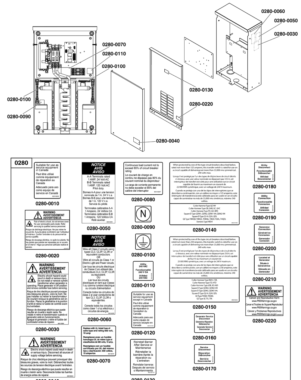Decals Group - Ats Warning Diagram and Parts List for 040532-01  Briggs and Stratton Generator